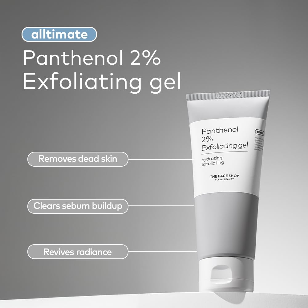 The Face Shop Alltimate peeling gel dispense shot highlights panthenol benefits for hydrated skin.