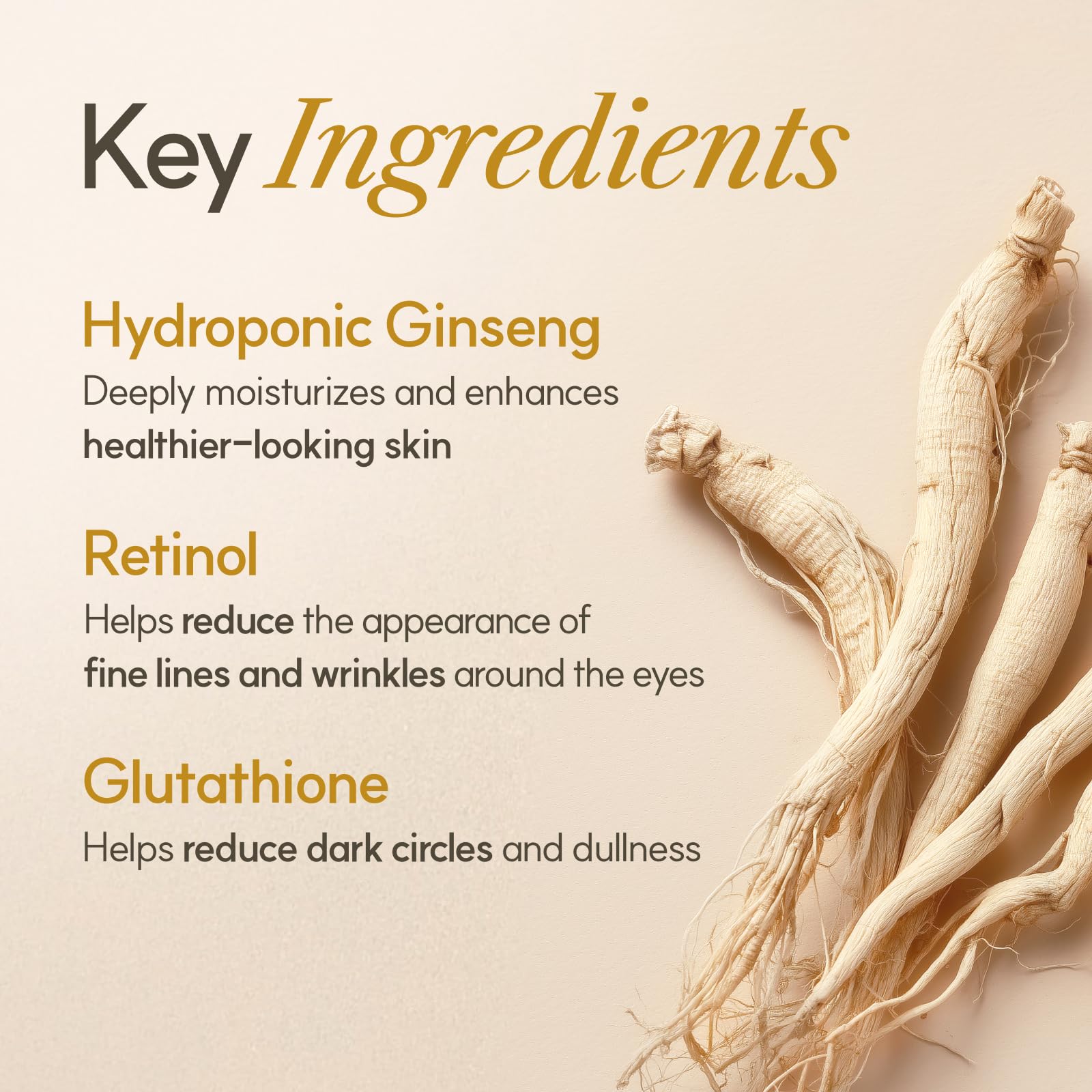 The Face Shop Ginseng Glow Eye Serum ingredient panel highlights Korean ginseng benefits.