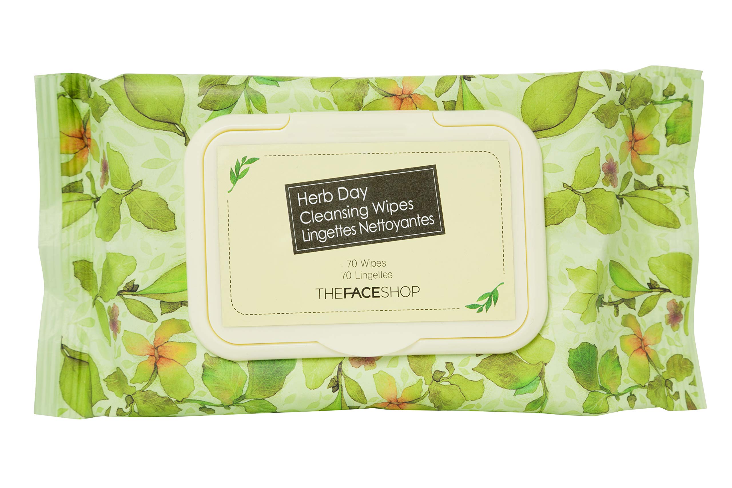 The Face Shop Herb Day 365 cleansing wipes package demonstrates gentle makeup removal and refreshing skin.