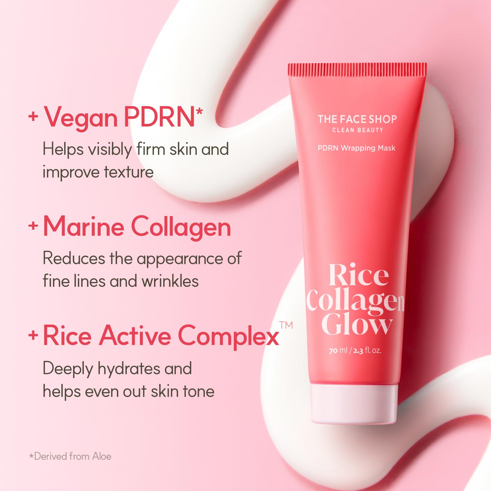 The Face Shop Pink Collagen Wrapping Mask Rice Active Complex closeup shows firming ingredients for a lifted look