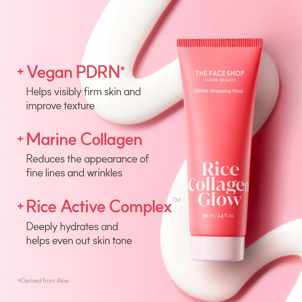 The Face Shop Pink Collagen Wrapping Mask Rice Active Complex closeup shows firming ingredients for a lifted look