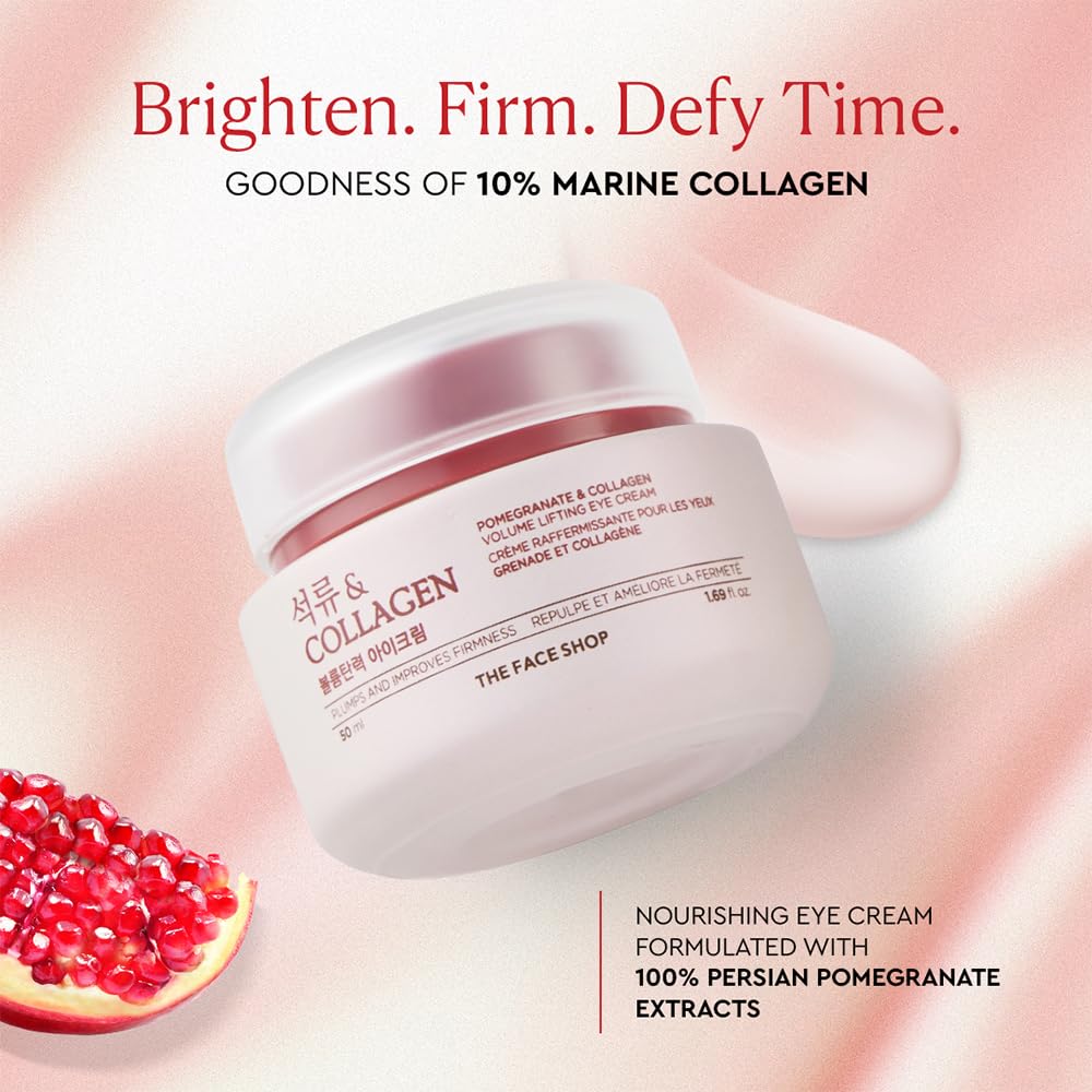 The Face Shop Pomegranate & Collagen eye cream texture close-up shows a nourishing formula for deep hydration