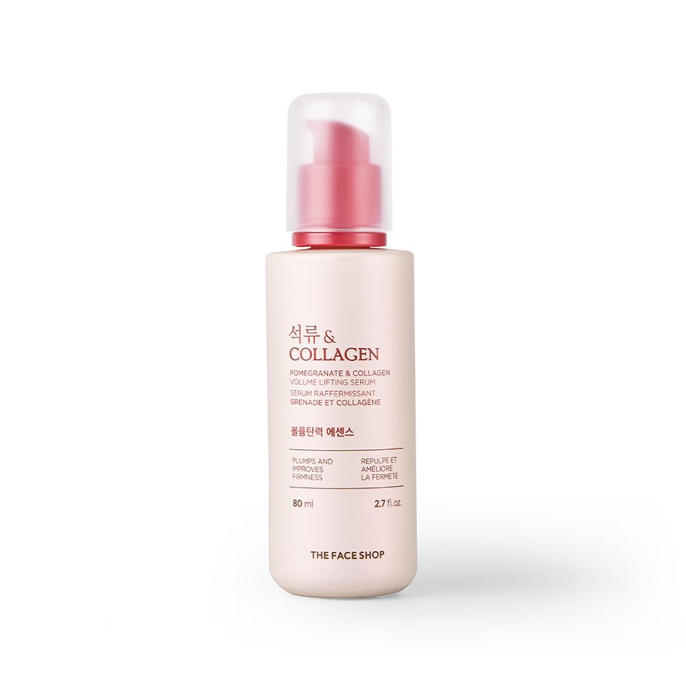 The Face Shop Pomegranate & Collagen serum bottle close-up highlighting hydration potential