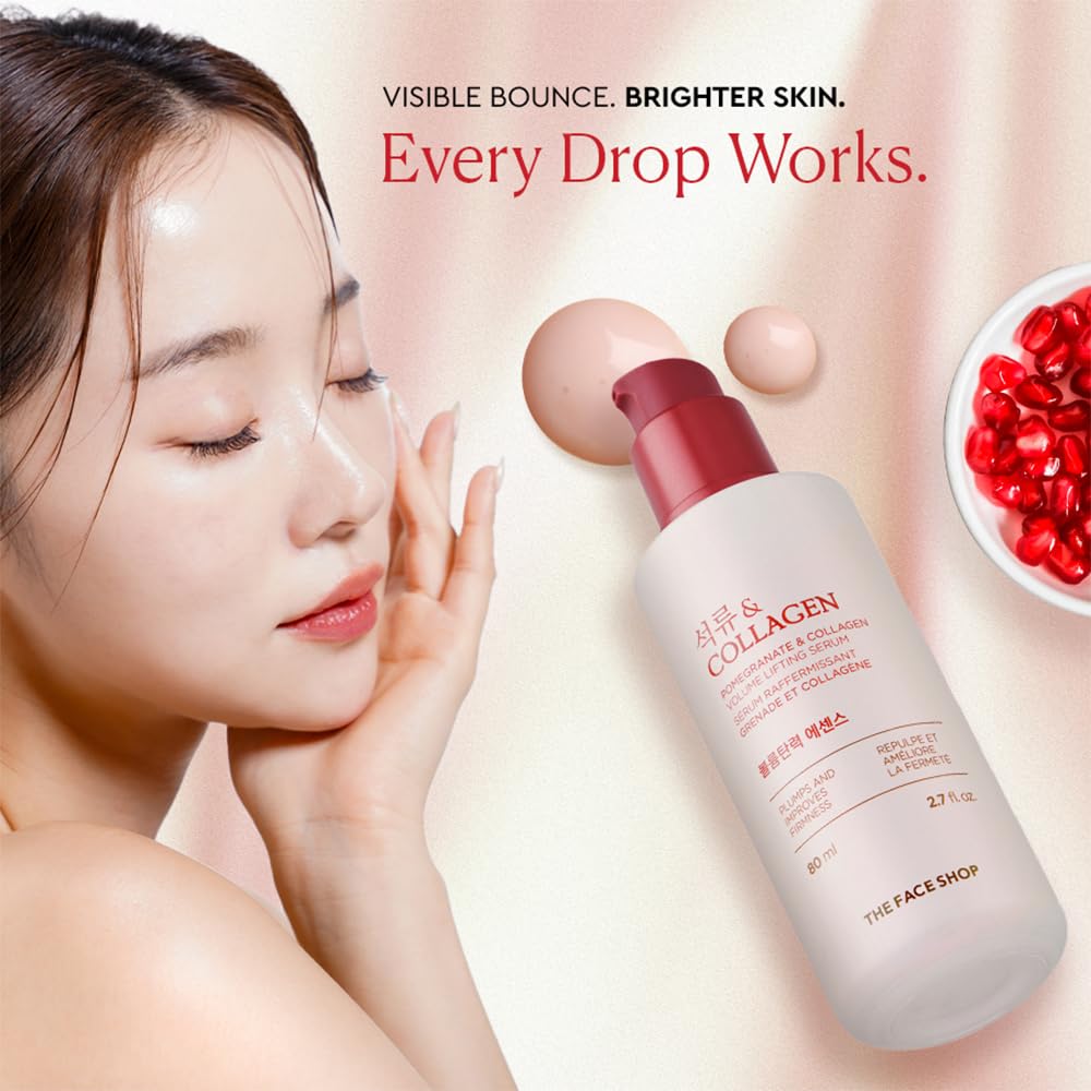 The Face Shop Pomegranate & Collagen serum texture swatch showing smooth, hydrated skin feel