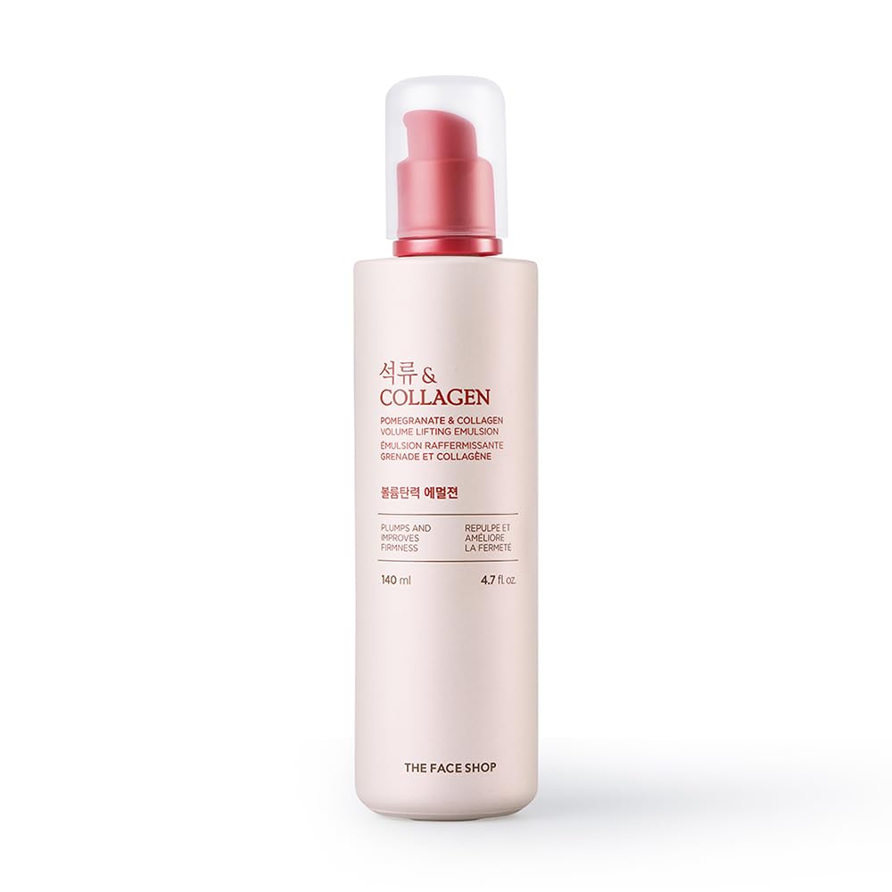 The Face Shop Pomegranate Volume Lifting Emulsion bottle shows firming hydration for radiant skin