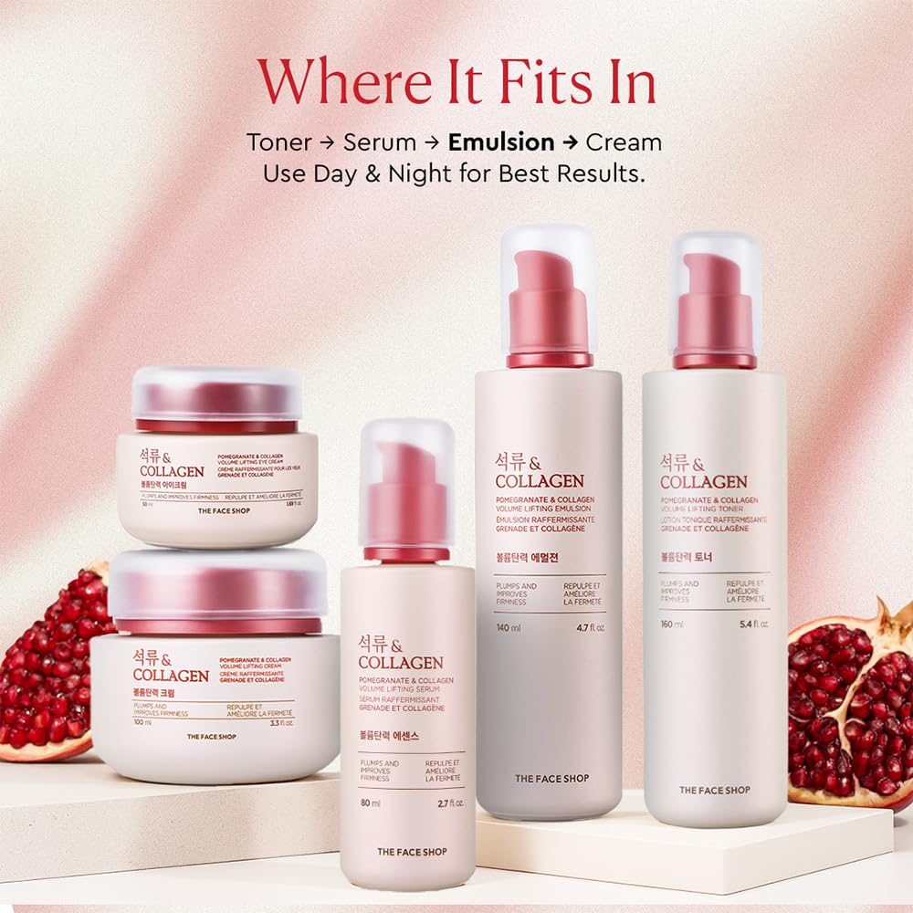 The Face Shop label closeup highlights pomegranate and marine collagen synergy