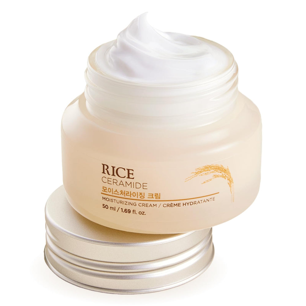 The Face Shop Rice Ceramide Cream jar closeup highlights rich hydration for dry and normal skin.