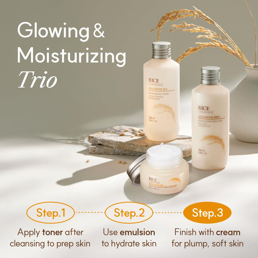The Face Shop Rice Ceramide Cream packaging photo emphasizes natural ceramides protecting moisture.