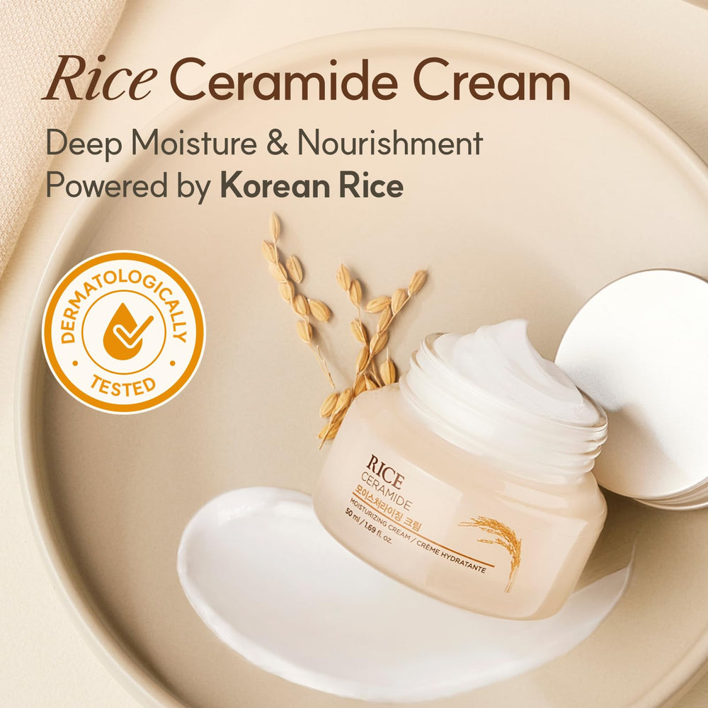 The Face Shop Rice Ceramide Cream silk texture swatch shows lightweight absorption.