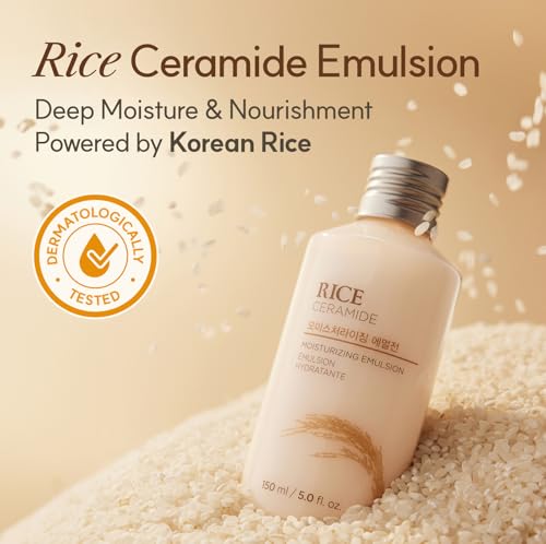 The Face Shop Rice Ceramide Emulsion bottle pour highlight lightweight hydration for dry skin