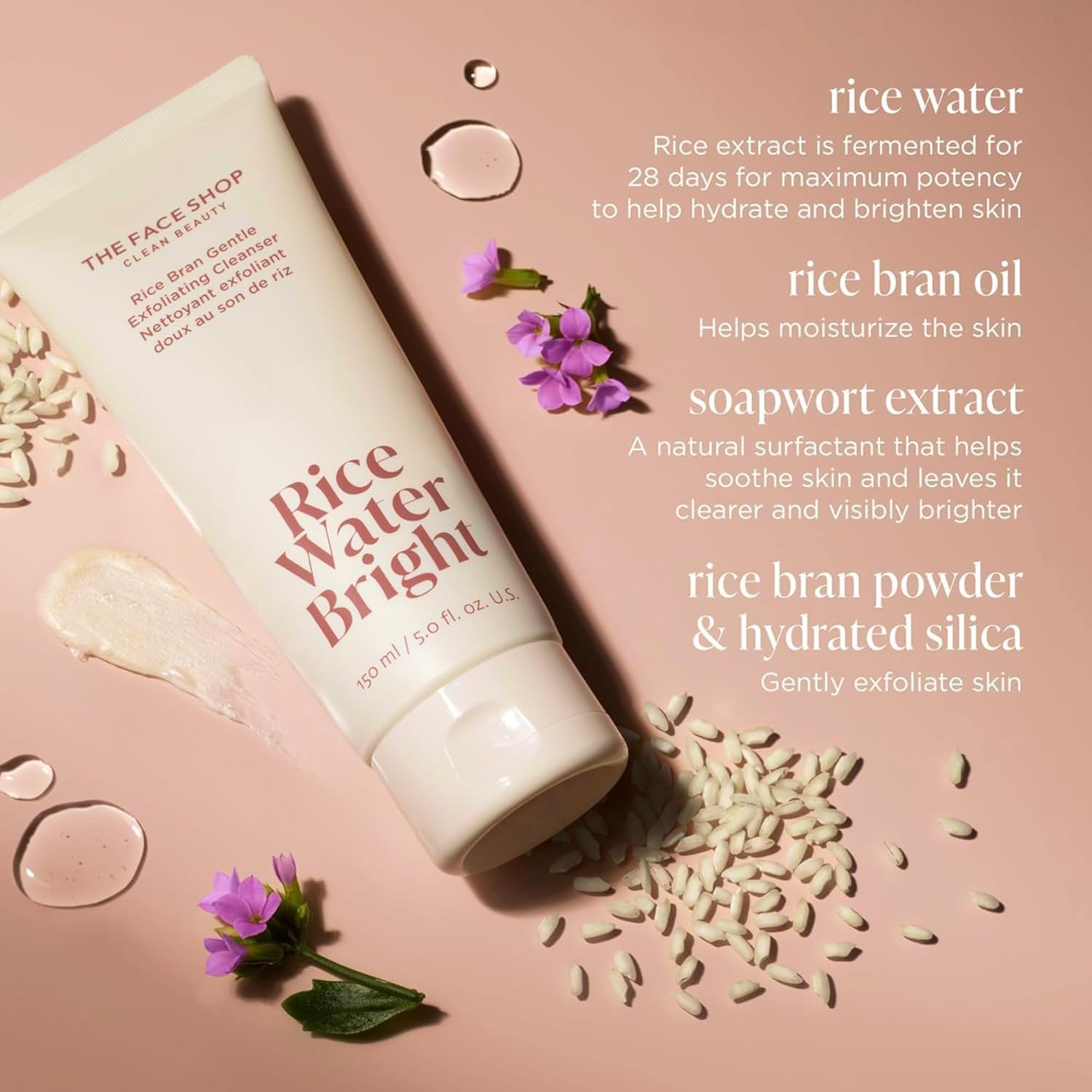 The Face Shop Rice Water Bright rice bran oil close-up, nourishing ingredients