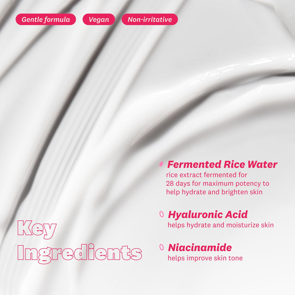 The Face Shop Rice Water Bright Cream ingredients panel highlights niacinamide and hyaluronic acid
