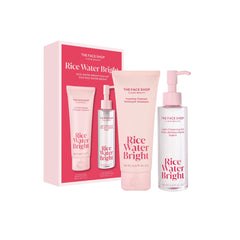 The Face Shop Rice Water Bright Duo packaging highlights premium Korean skincare for daily cleansing.