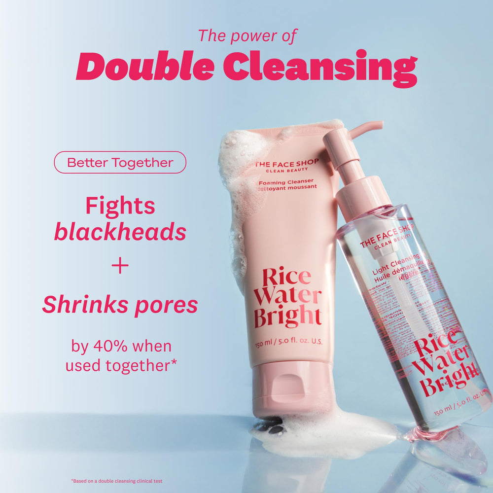 The Face Shop Rice Water Bright foaming cleanser bottle with rich lather for deep cleansing.