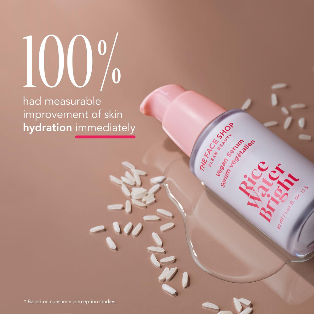 The Face Shop Rice Water Bright ingredients infographic highlights vitamins and ceramide.