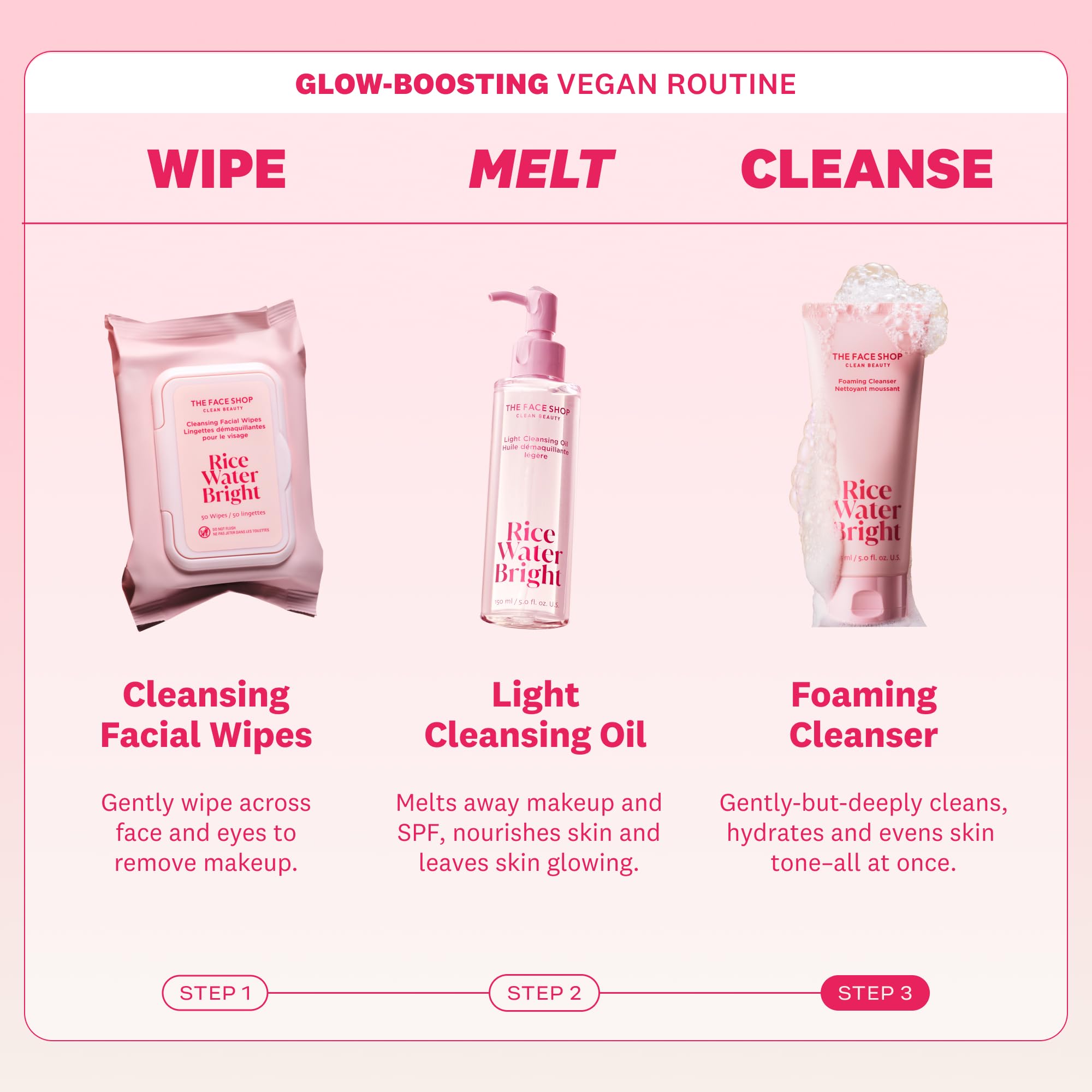 The Face Shop Rice Water Bright ingredients list signals vegan formula and gentle care.