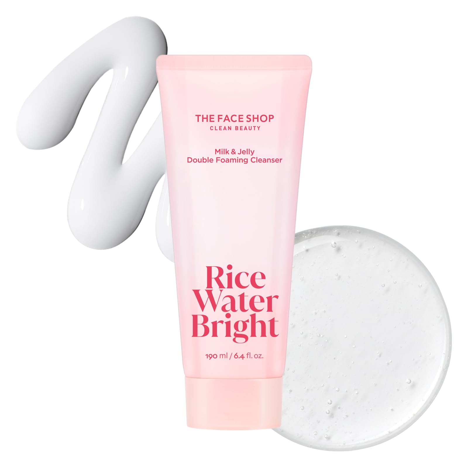 The Face Shop Rice Water Bright cleanser bottle dispensing dual formulas for quick makeup removal.