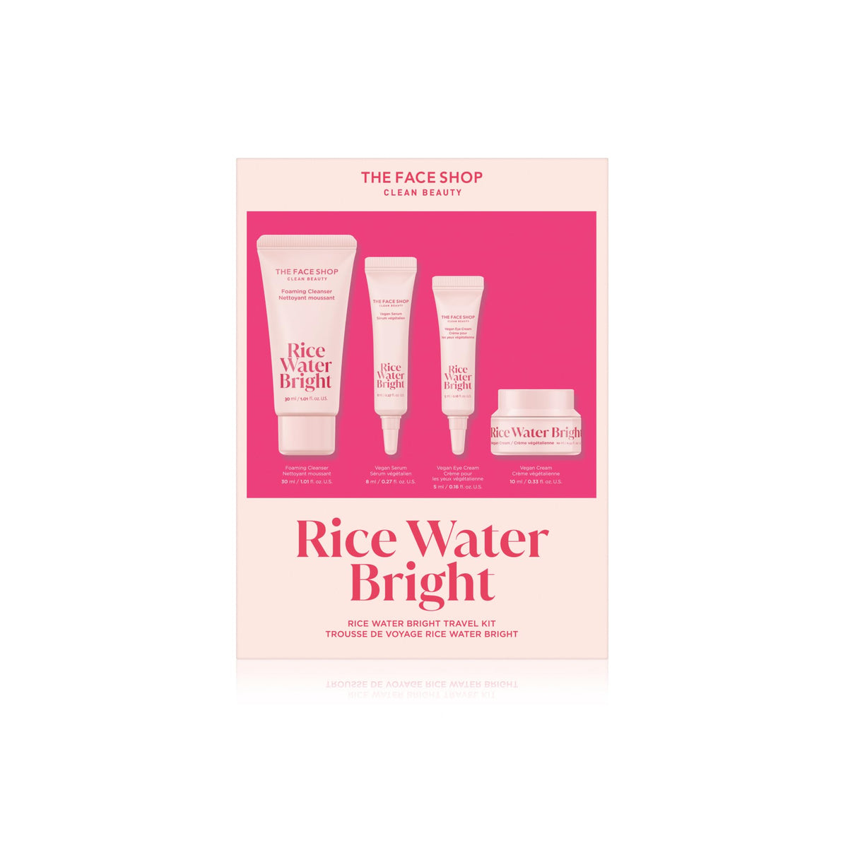 The Face Shop Rice Water Bright travel kit box for on-the-go hydration.