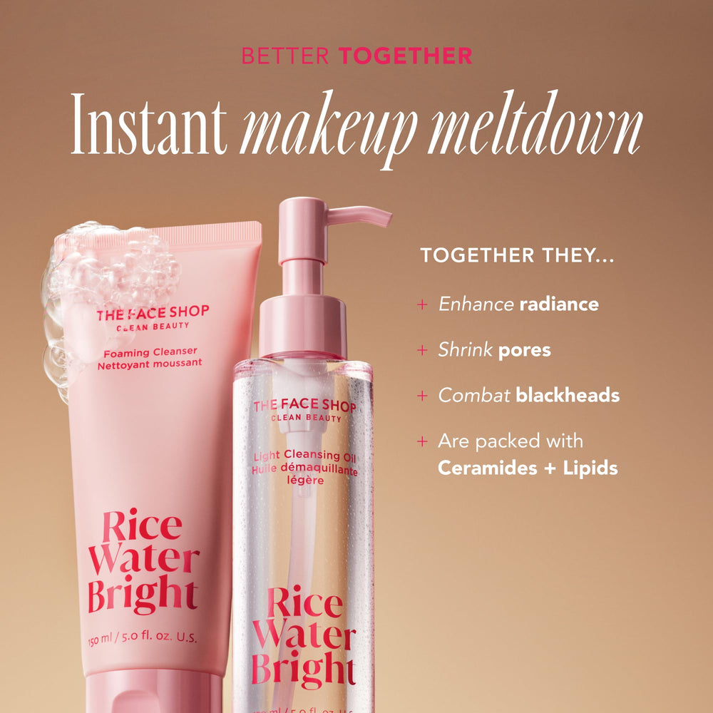 The Face Shop Rice Water Bright vegan Korean skincare label emphasizes cruelty-free vegan ingredients.