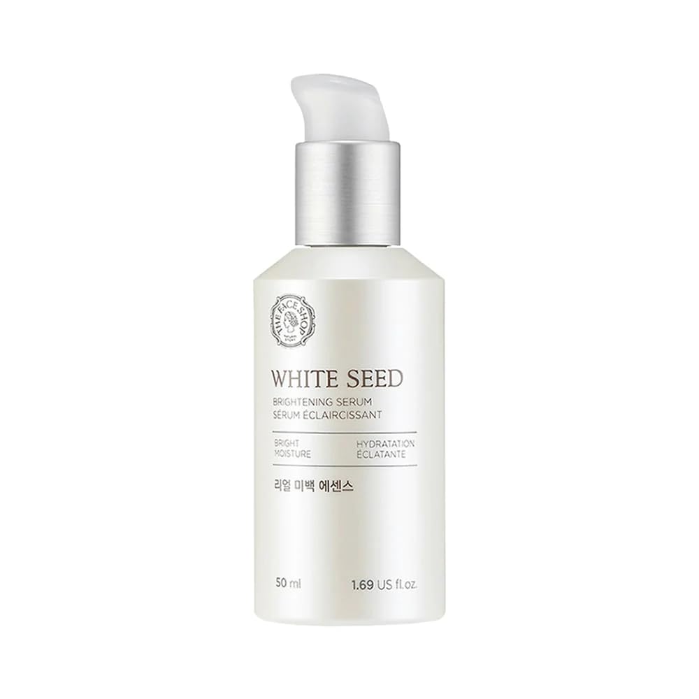 The Face Shop Whiteseed Serum bottle closeup showing brightening formula for radiant skin