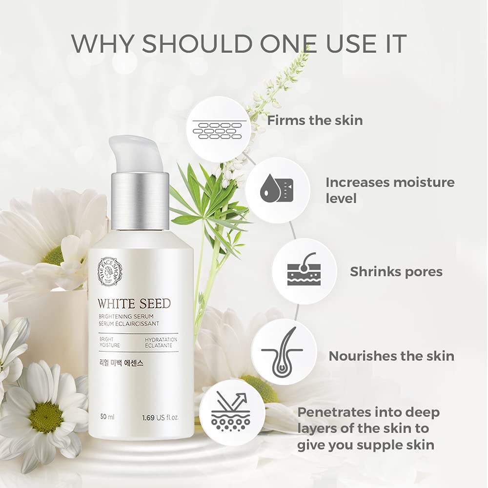 The Face Shop Whiteseed Serum in amber bottle highlights premium skincare
