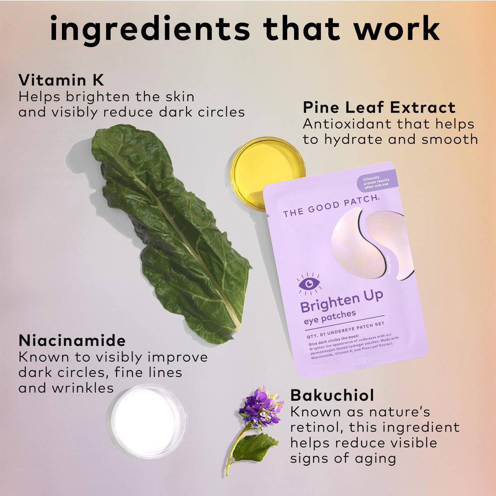 The Good Patch Brighten Up Under Eye Patches ingredients panel highlights niacinamide and vitamin K