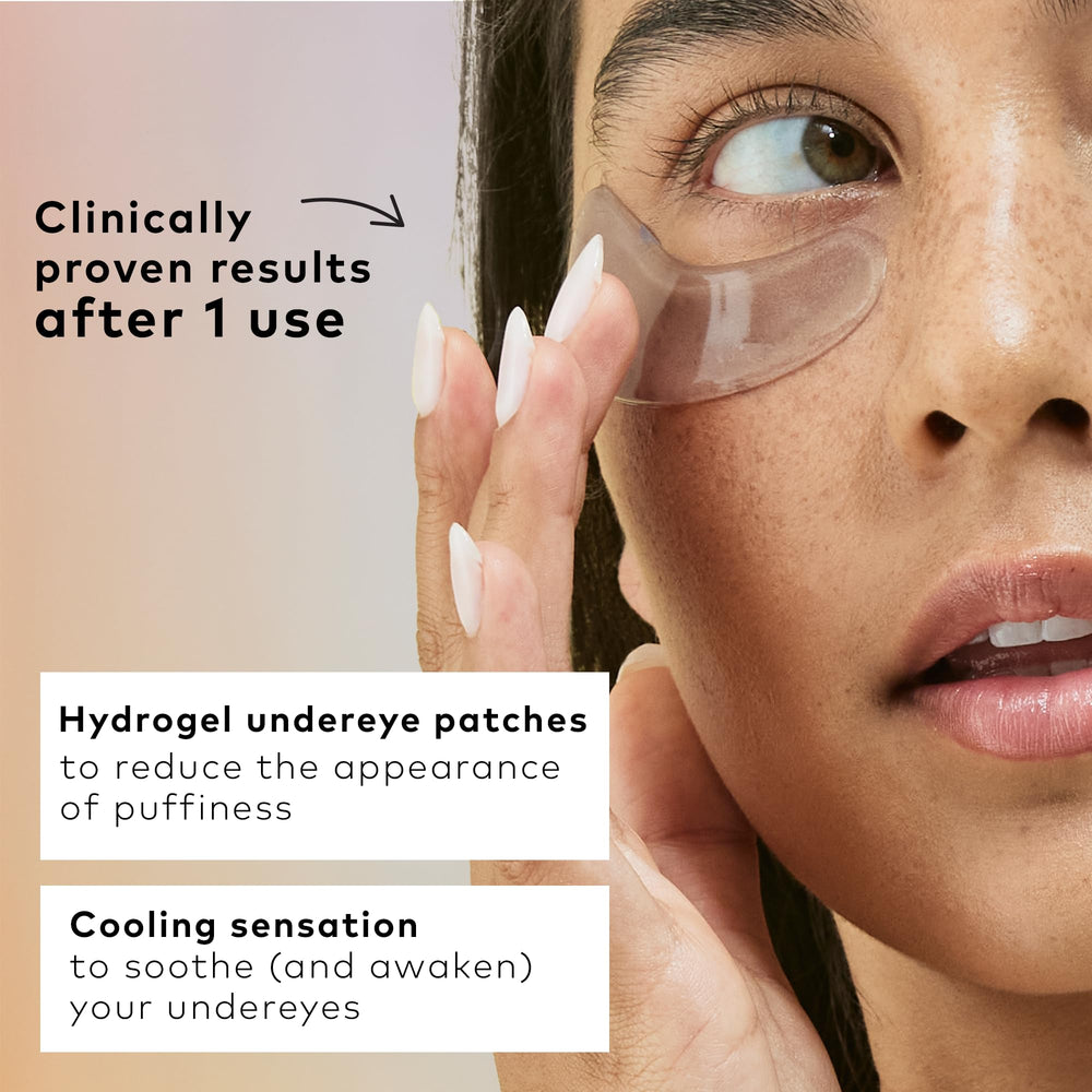 The Good Patch de-puff eye patches showing caffeine and aloe hydration boost.