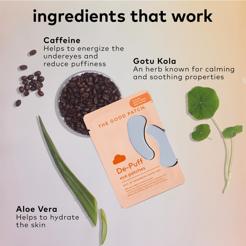 The Good Patch de-puff eye patches with gotu kola calming properties.