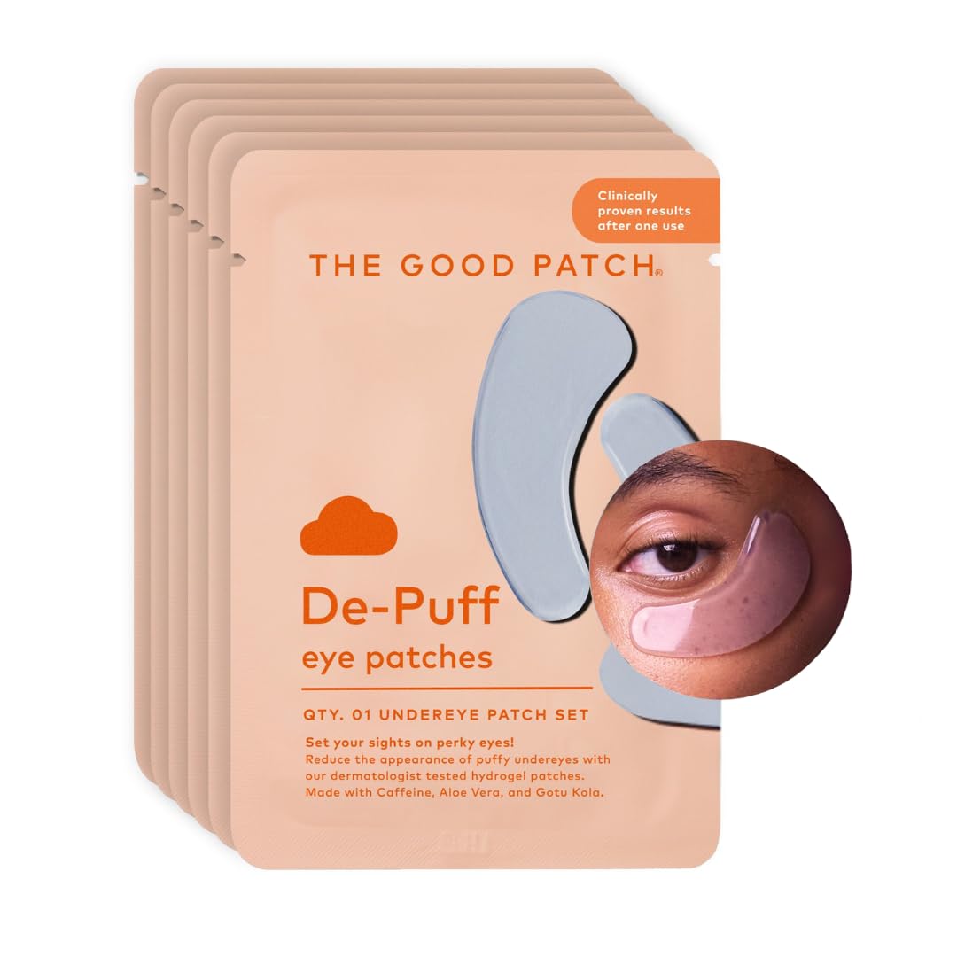 The Good Patch de-puff hydrogel eye patches close-up highlighting caffeine for puffiness reduction.