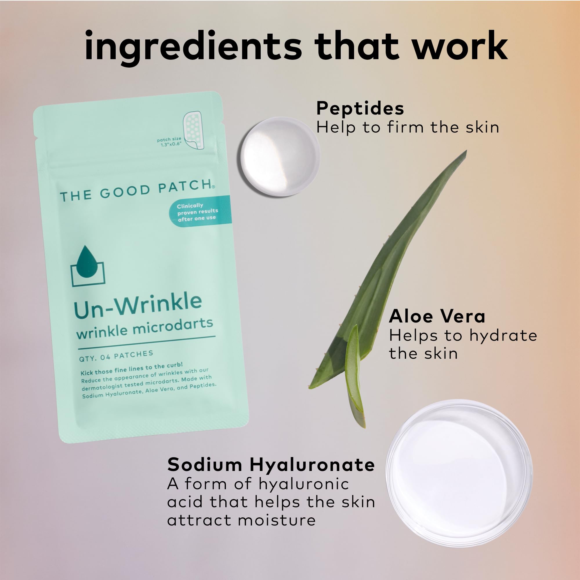The Good Patch ingredients list visible—sodium hyaluronate and aloe support hydration during wear.