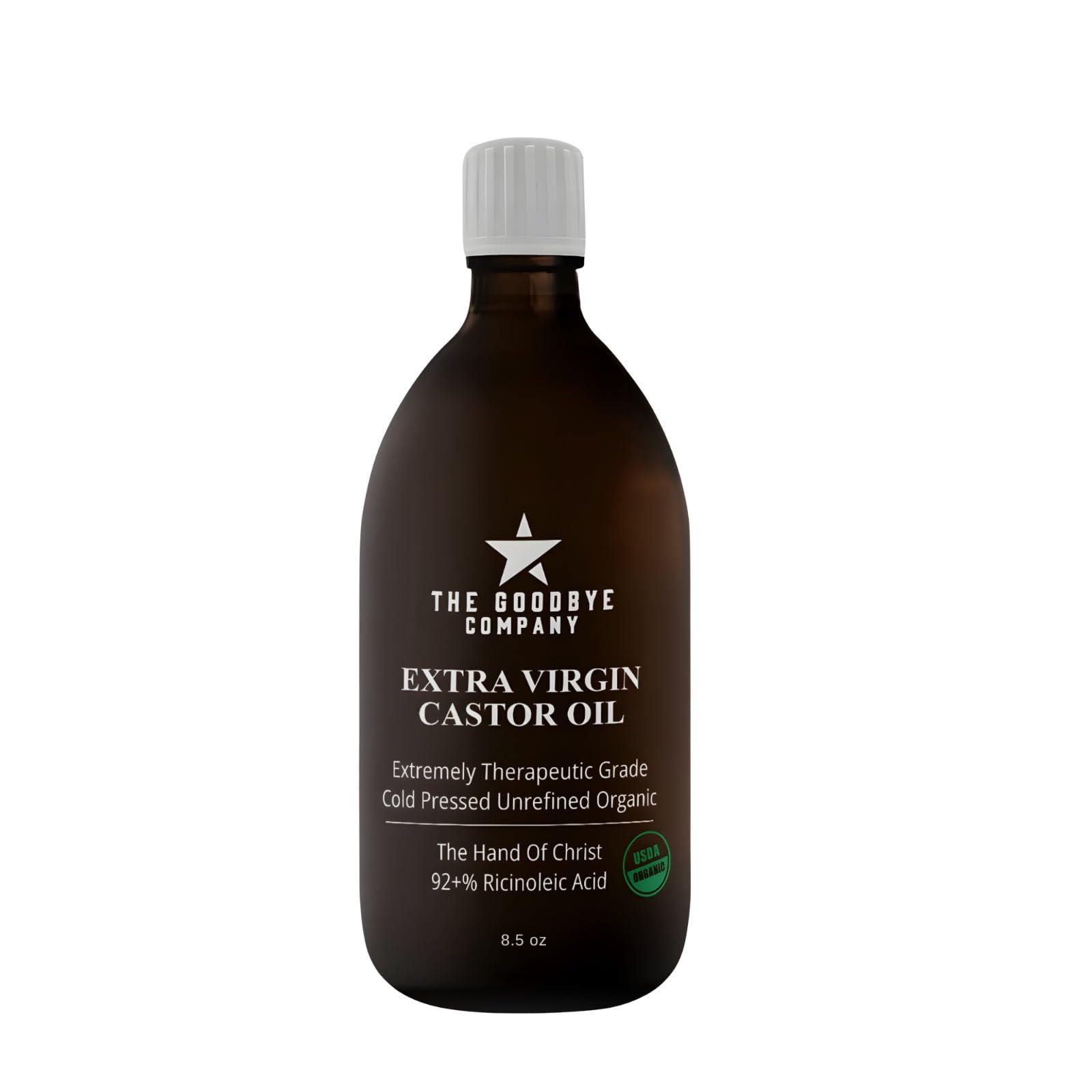 The Goodbye Company castor oil bottle in amber glass for potent topical nourishment.
