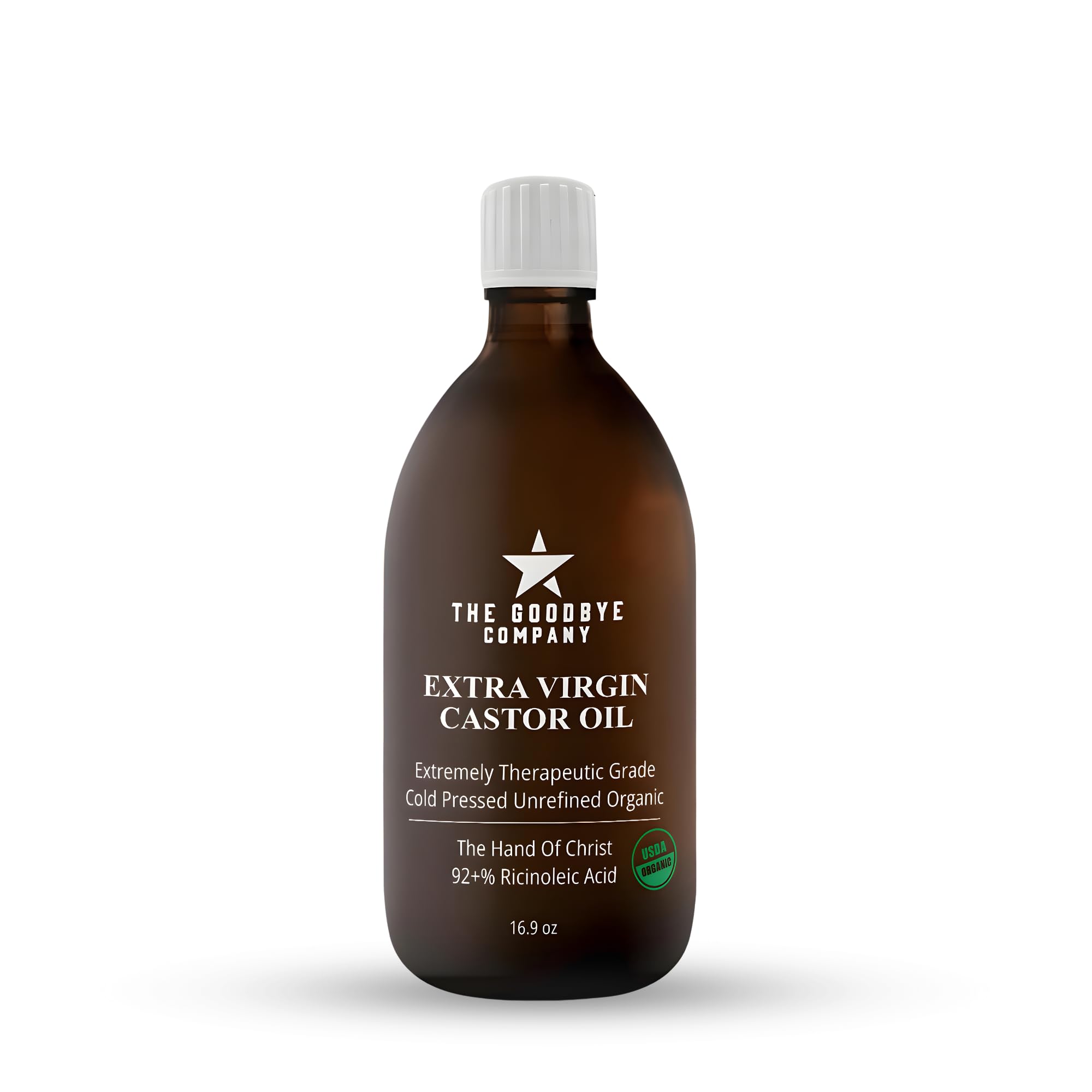 The Goodbye Company castor oil bottle front highlights purity for hair and skin care