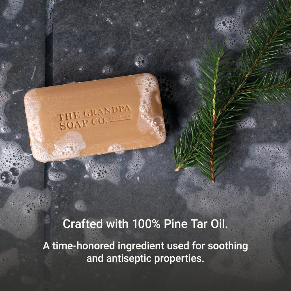 Pine Tar Bar Soap close-up highlighting natural ingredients and 3-in-1 use.