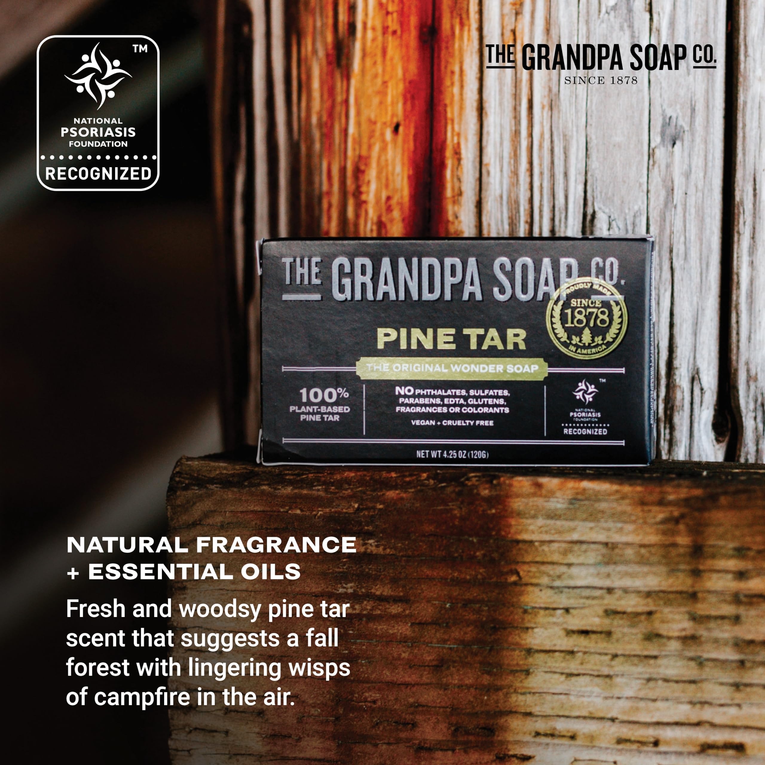 The Grandpa Soap Company Pine Tar Bar Soap on face, body and hair use.