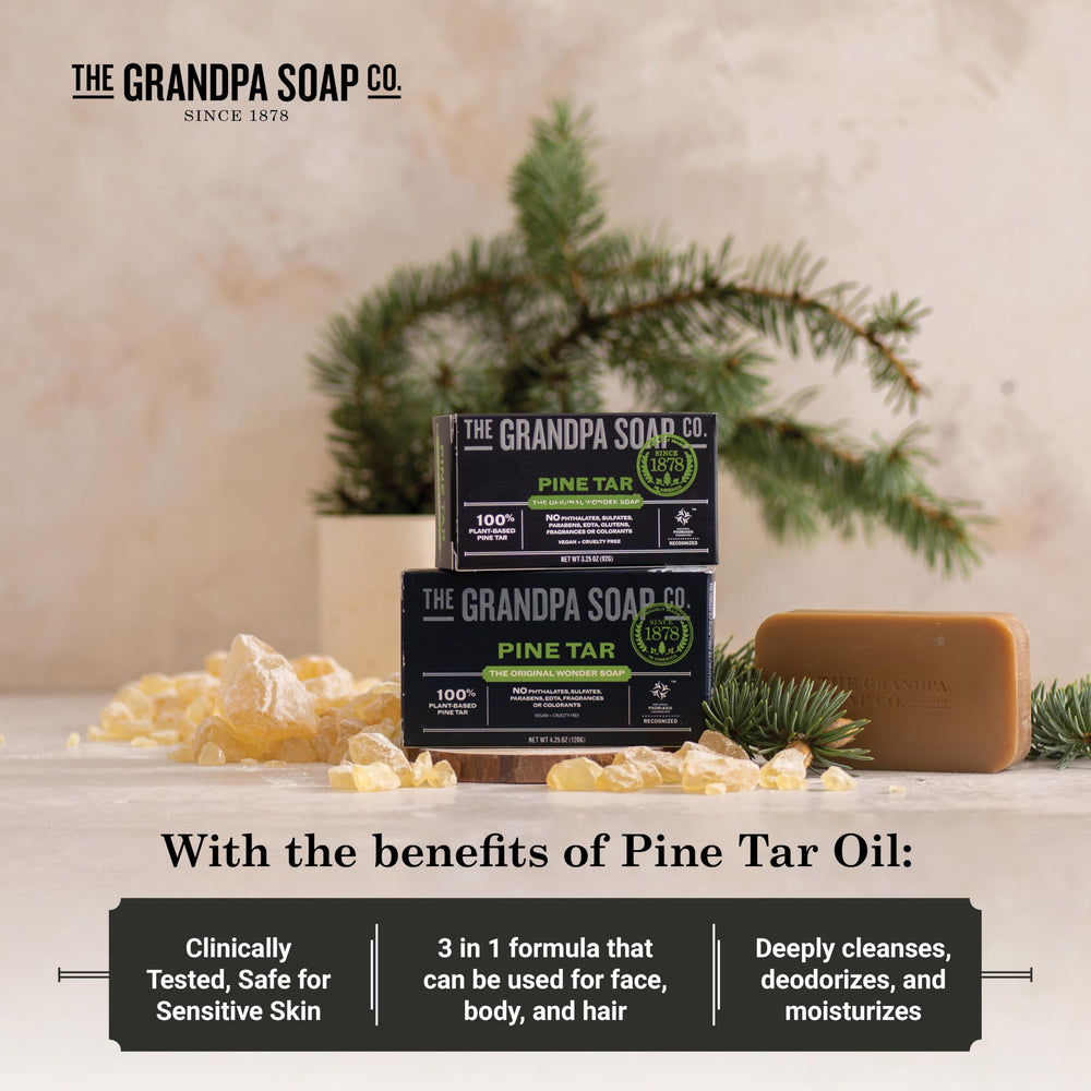 Hands lathering The Grandpa Soap Company Pine Tar Bar Soap for face, body, hair.