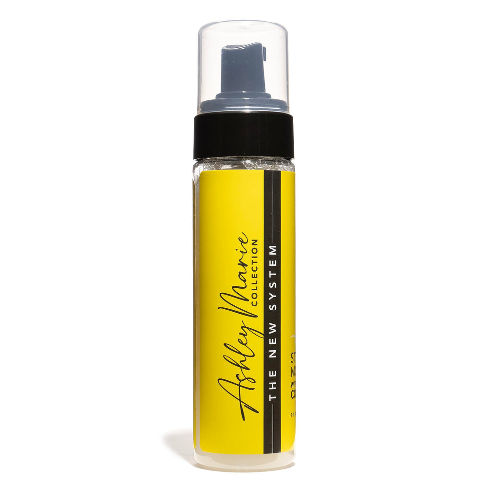 Ashley Marie Styling Mousse foam application shows quick-dry styling and easy distribution.
