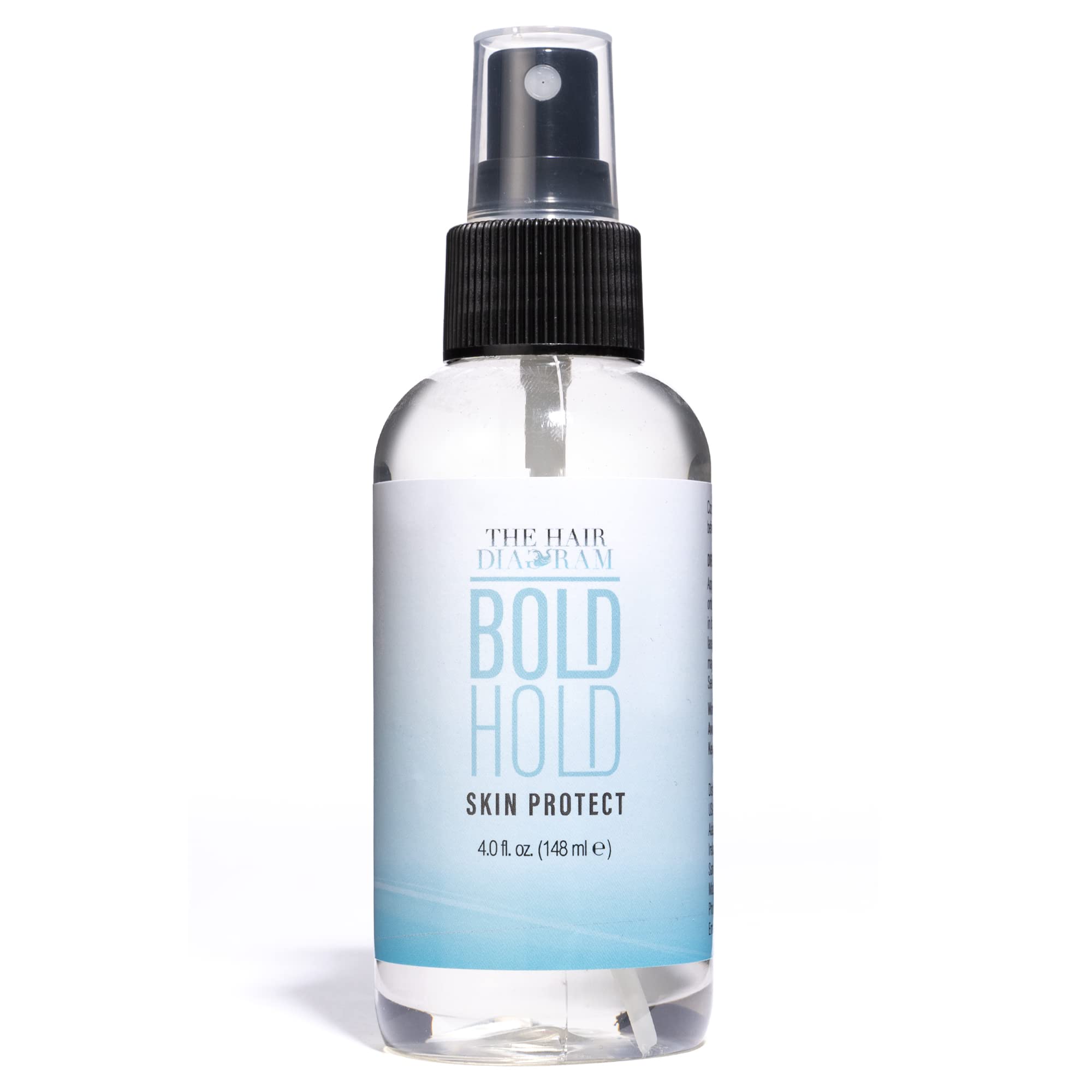 The Hair Diagram Bold Hold Skin Protectant bottle demonstrates a skin-safe shield for wig adhesives.
