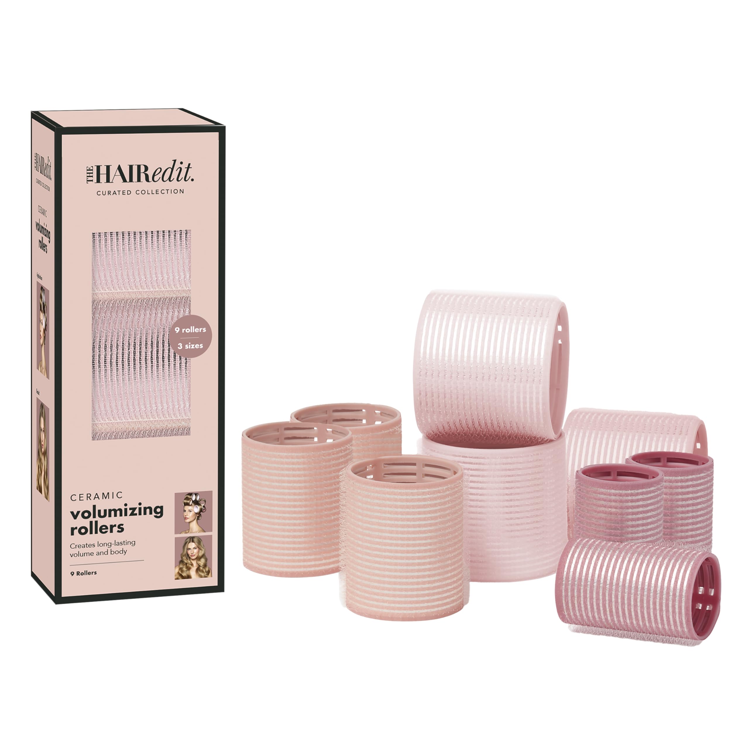 The Hair Edit ceramic core rollers pack shot showcasing nine-piece set for salon-grade volume.