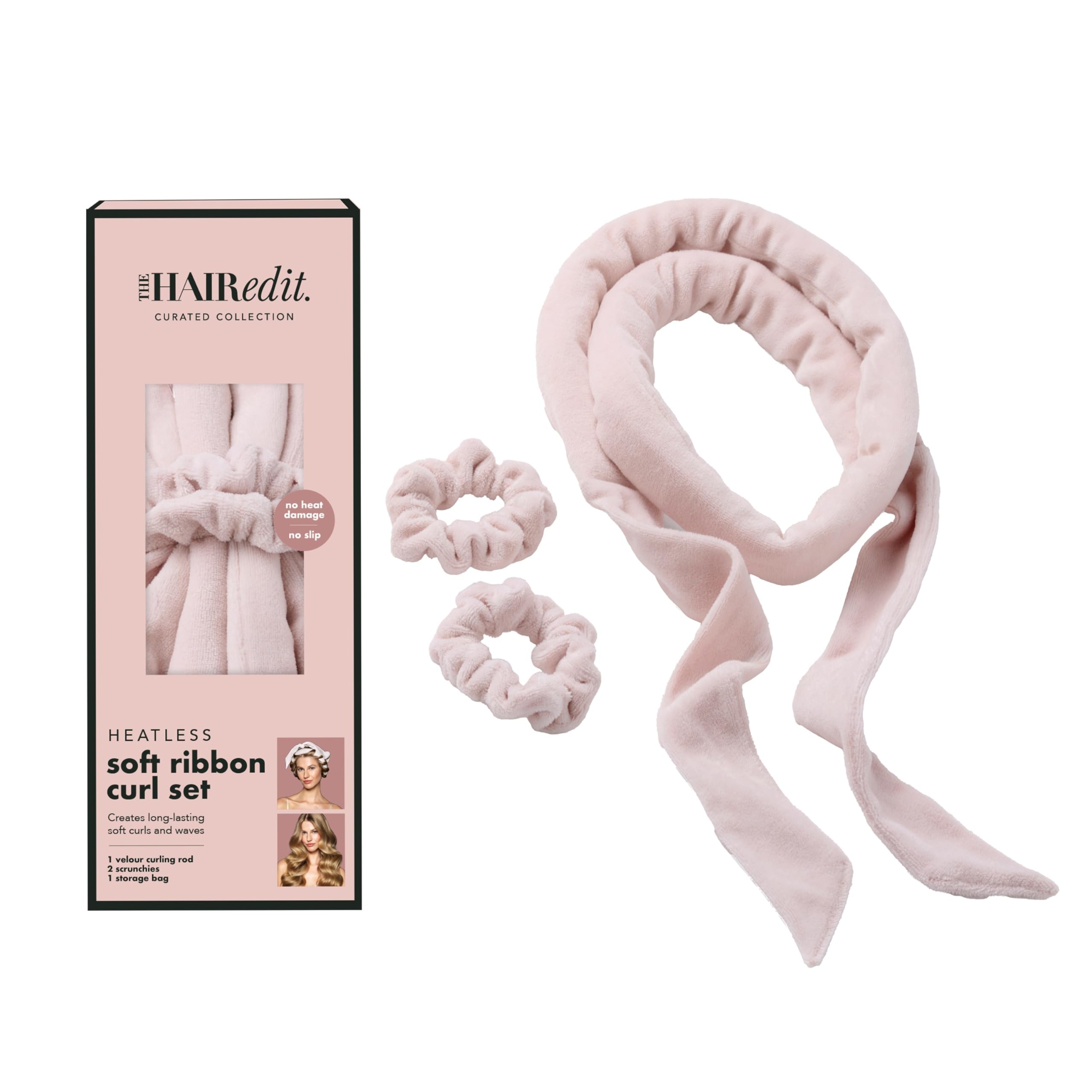 The Hair Edit heatless ribbon curl rod on head for defined, voluminous curls.