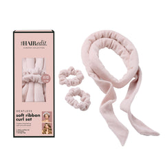 The Hair Edit heatless ribbon curl rod on head for defined, voluminous curls.