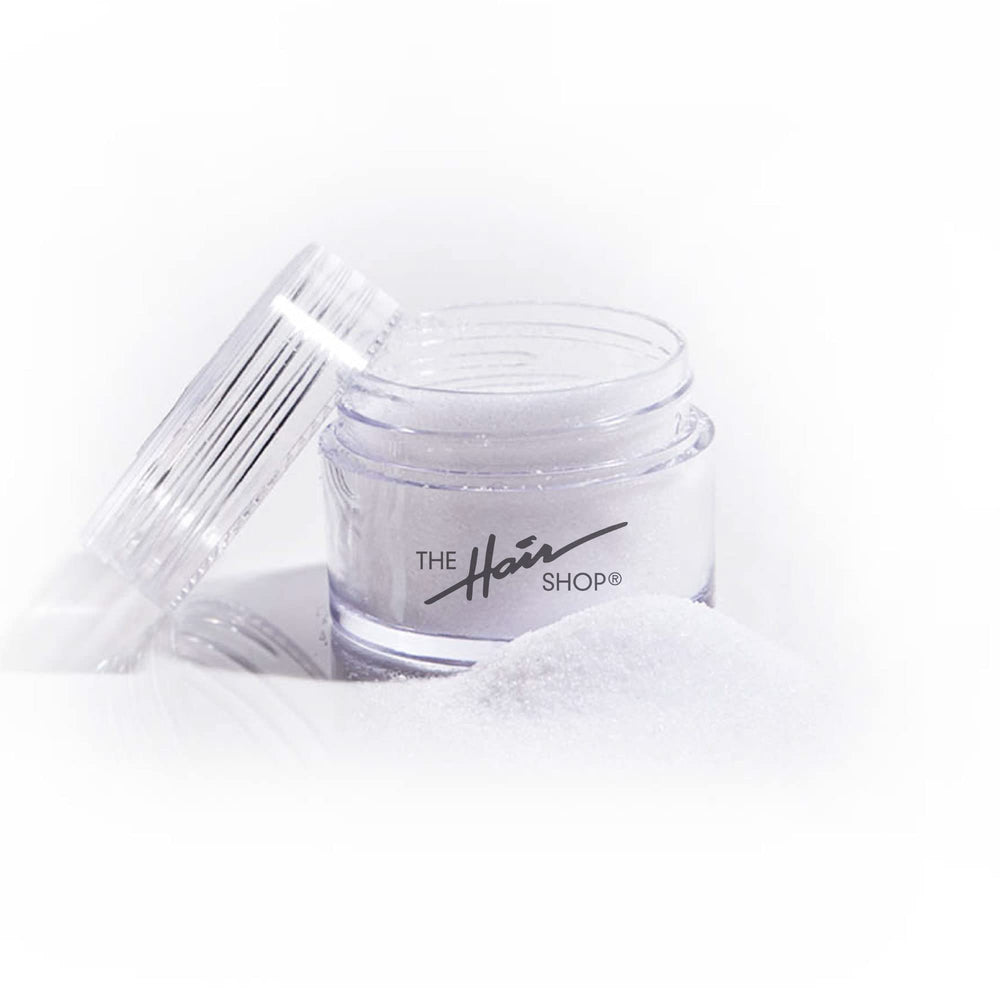 The Hair Shop keratin glue powder jar shows reuse-ready bonding for extensions.
