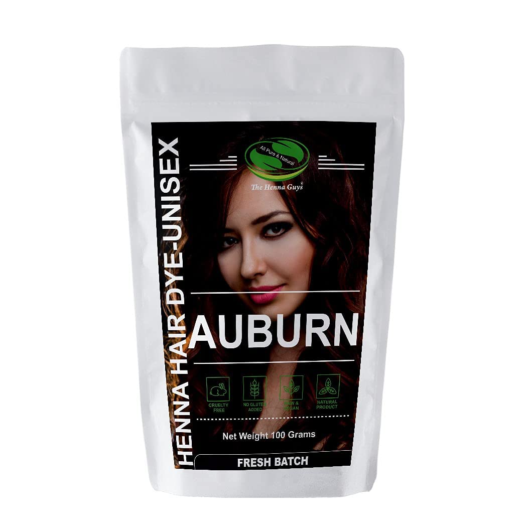 The Henna Guys auburn hair color 100g package showcases natural shade delivery.