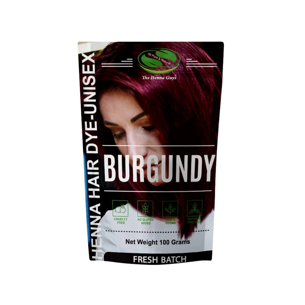 The Henna Guys burgundy hair dye bottle for natural color and conditioning.