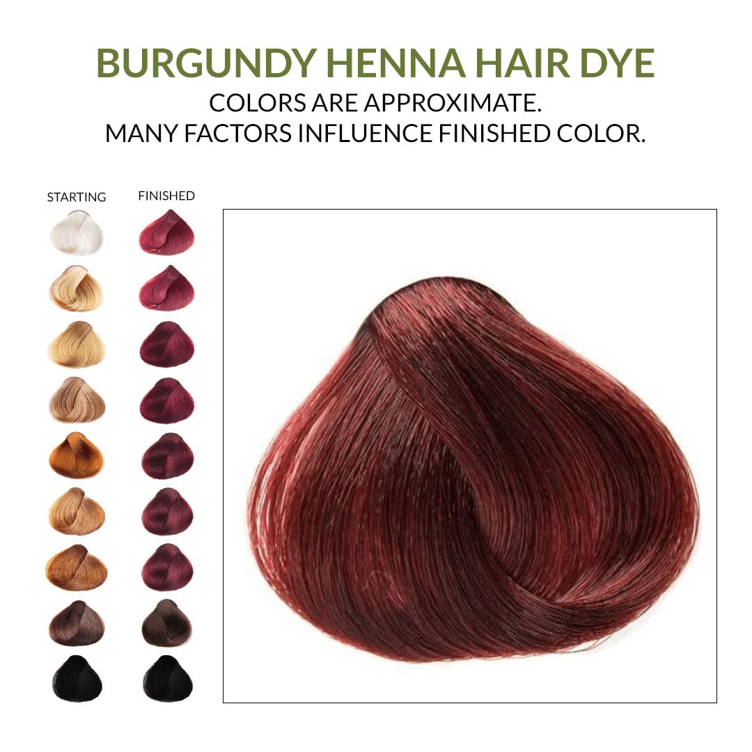 The Henna Guys burgundy dye shows long-lasting shade potential.
