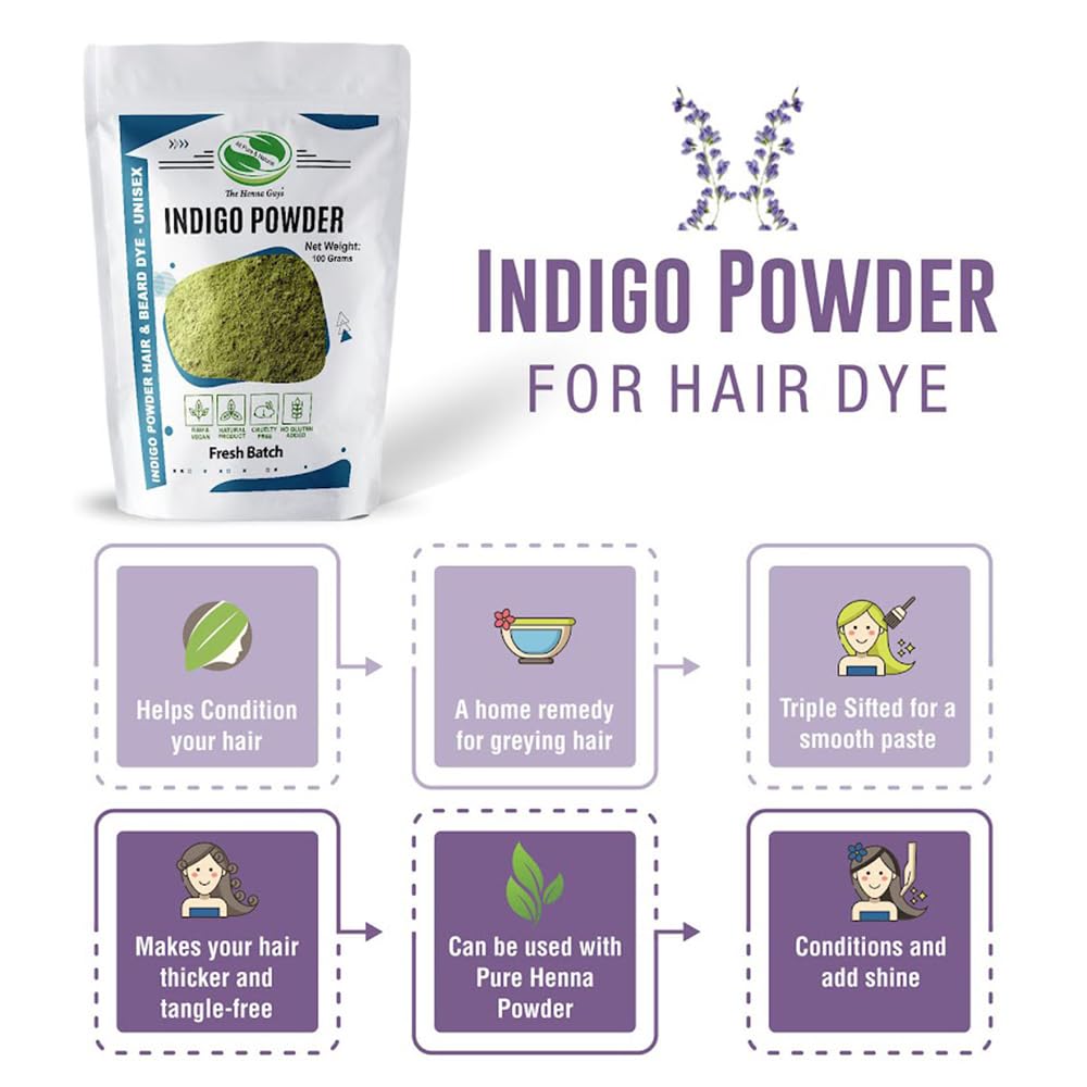 The Henna Guys Indigo Powder applied to hair showing natural color depth