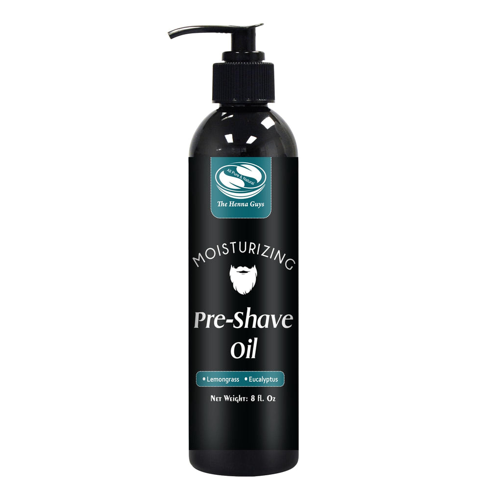 The Henna Guys pre shave oil bottle featuring lemongrass and eucalyptus for a refreshing shave.
