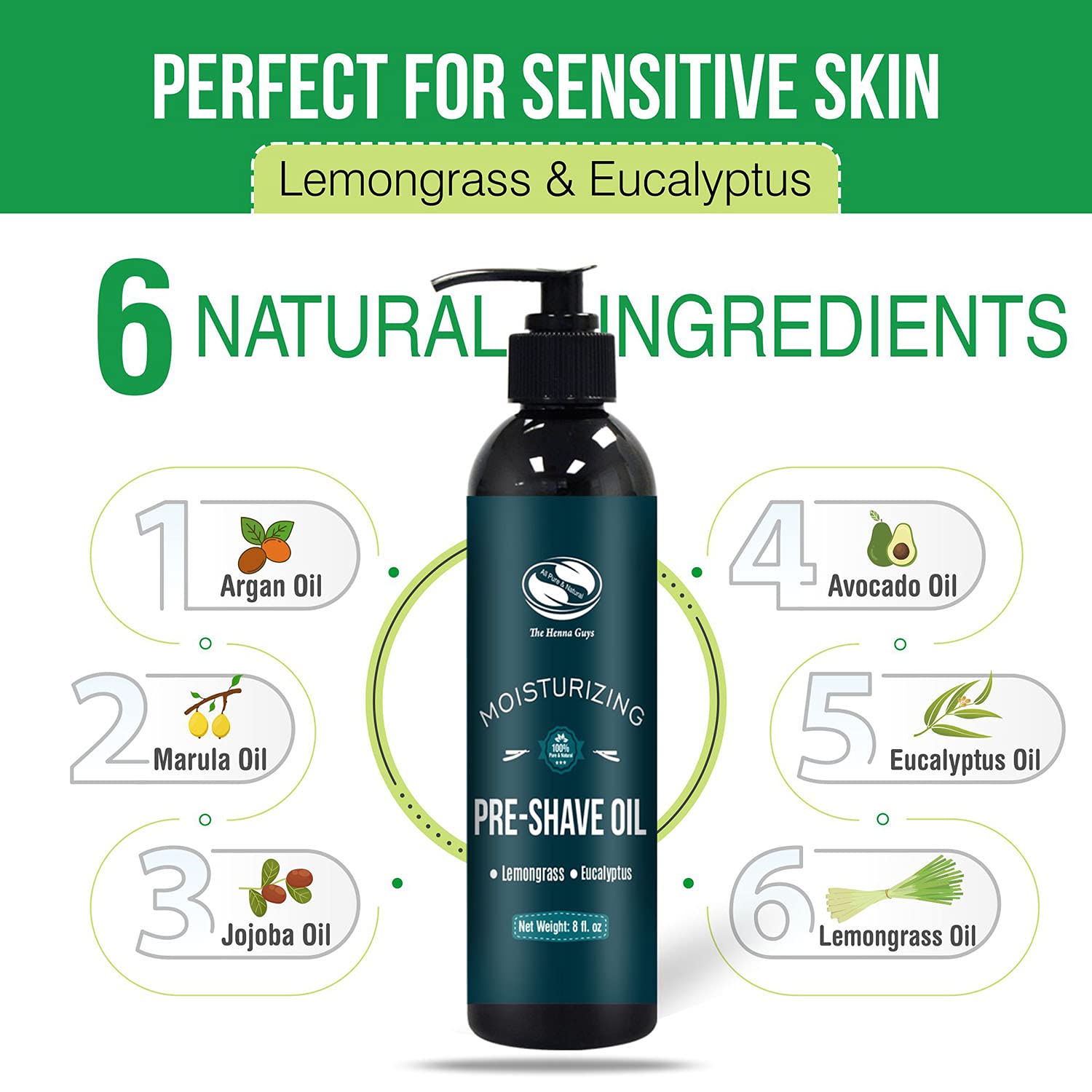 The Henna Guys open pour cap enables easy, quick pre shave oil application.