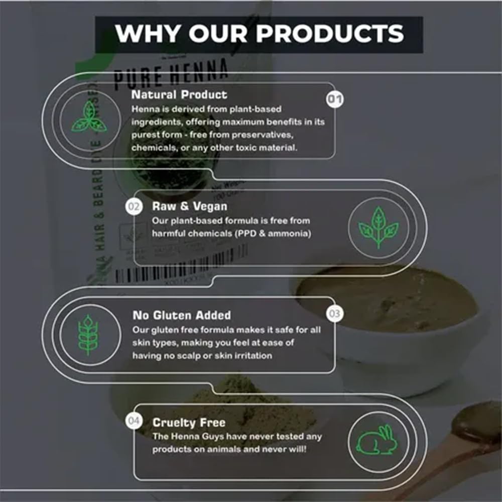 The Henna Guys raw henna powder close‑up highlighting plant‑based ingredients.