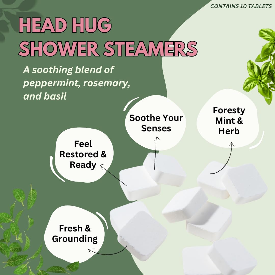 The Herbal Zen Head Hug steamers close-up tablet highlights peppermint-rosemary aromatherapy.
