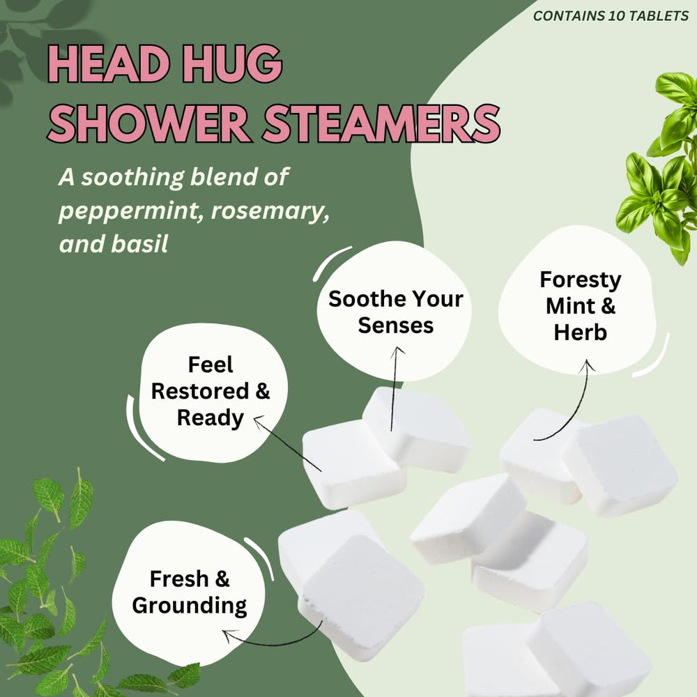 The Herbal Zen Head Hug steamers close-up tablet highlights peppermint-rosemary aromatherapy.